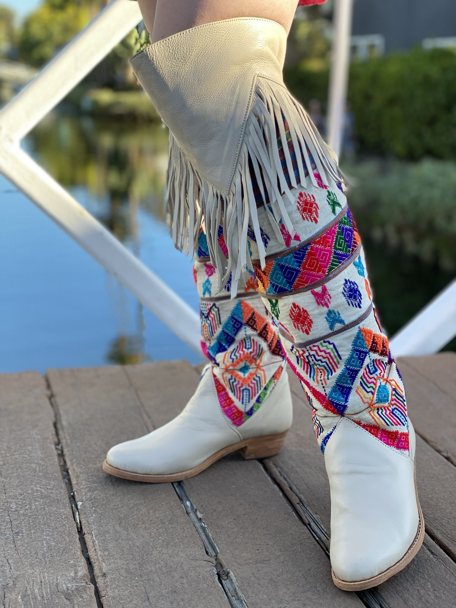 Over The Knee White Leather Fringe Boots