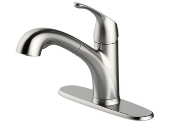 NEW! PROJECT SOURCE EVERFIELD Stainless Steel Single Handle Deck-mount Pull-out Kitchen Faucet with Sprayer