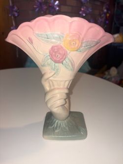vintage 1940s Hull Art Pottery "Open Rose" (also known as Camellia) hand-shaped fan vase, pattern number 126-8 1/2.