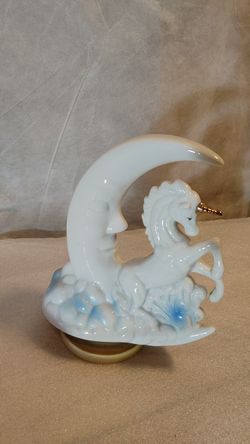 White moon and unicorn porcelain music box - turns as it plays