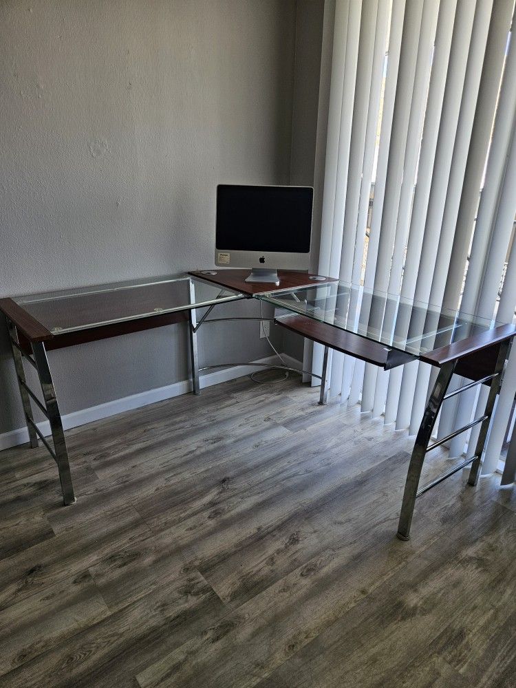Glass with Chrome And Wood Lshaped Desk