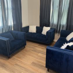 OBO Modern Royal Blue Velvet Sofa Set – 3 Piece Living Room Set