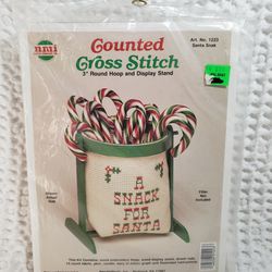 Santa Snack Christmas Needlemagic Counted Cross Stitch Kit w Round Hoop & Stand. 3" round hoop .  New condition and smoke free home. 