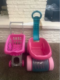 Pink and blue kids shopping cart and wagon set.