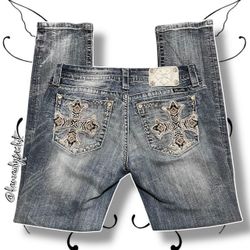 Vintage Y2K Miss Me Low Rise Skinny Jeans with Crosses & Silver Bedazzled Rhinestones