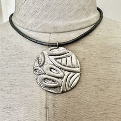 Chicos Silver Pendant Necklace On Grey Cord 