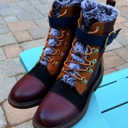 WOMENS PATRIZIA "HILVIA BOOTS" NWOT - 2" HEELS FAUX FUR ZIPPER/LACE UP SIZE 8.5