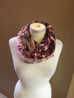 Charming Charlie Infinity scarf with multicolor design, pink, grey, burgundy, and gold