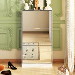 White Wood Shoe Storage Cabinet with 3-Mirrored Drawers Shoe Organizer for Entryway Bedroom Hallway