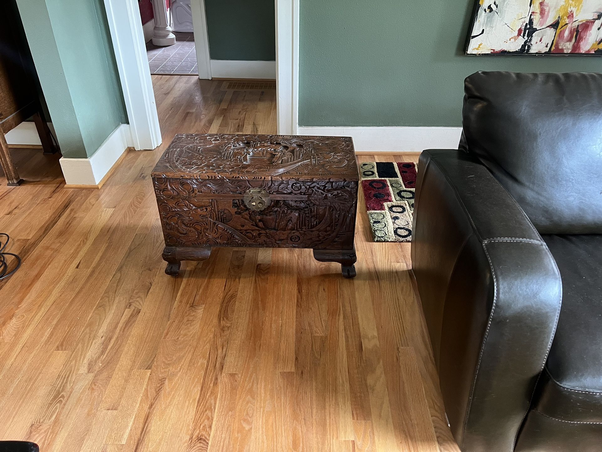 Antique Oak Wood Carved Japanese Style Hope Chest Trunk
