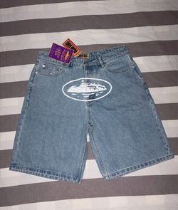 Corteiz Alcatraz Baggy Denim Shorts In Washed Blue