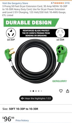 3 Prong 50 Feet Dryer Extension Cord, 30 Amp NEMA 10-30P to 10-30R Heavy Duty Cord, Use for Dryer Power Extension and Level 2 EV Charging,