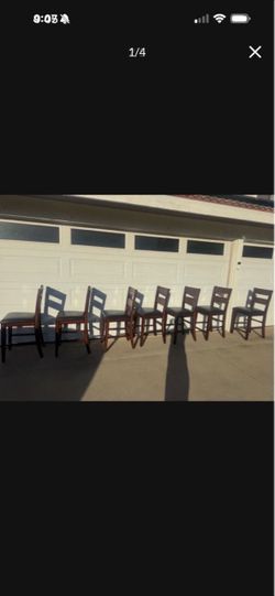 Set of 7 Wooden Bar Stools – Black Leather Seats $