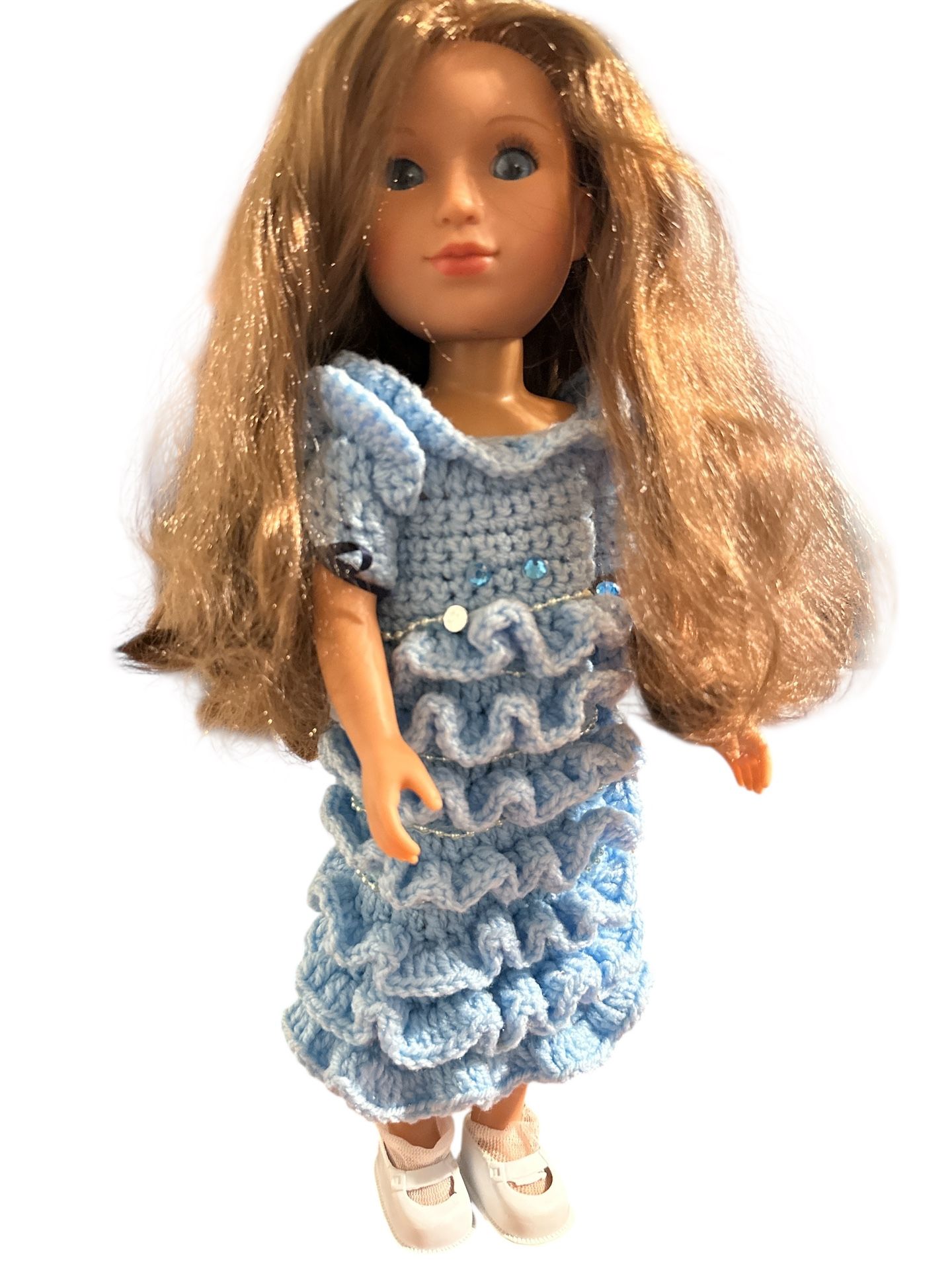 Doll 15” blue eye beauty in a knitted dress blue the same color as her eyes. Previously owned no original box. T-412