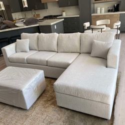 White Greyish Sectional With Free Ottoman 