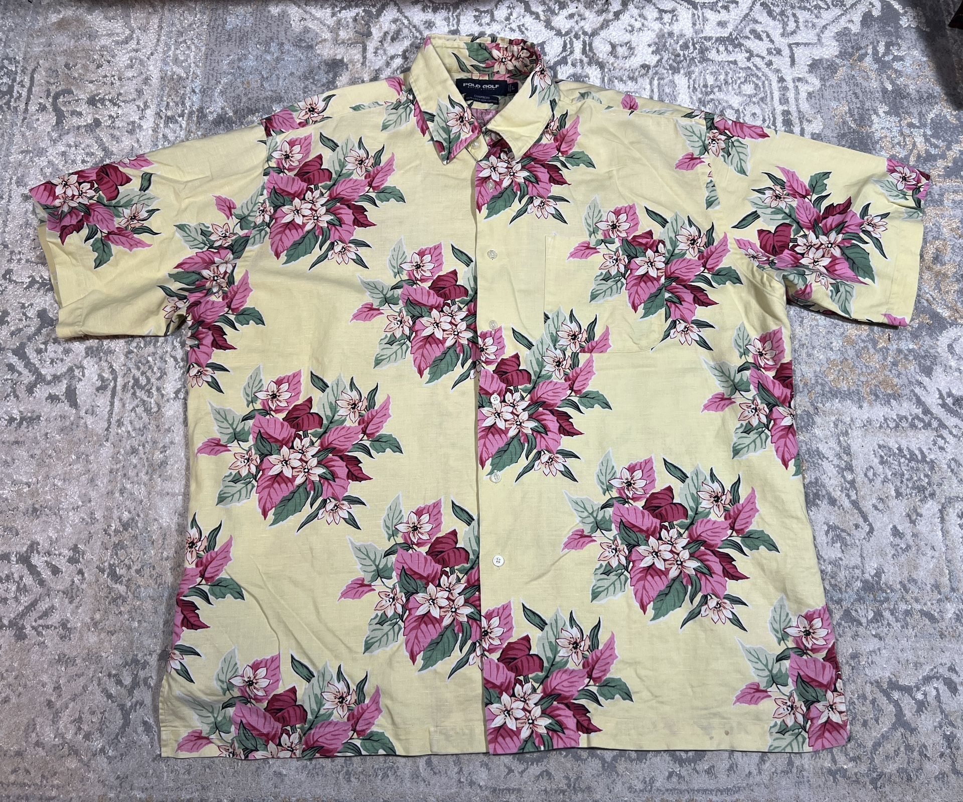 Polo Golf Ralph Lauren Shirt Chambers Hawaiian Yellow Floral Linen Blend Size L