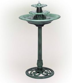 35" Tall Outdoor 3-Tiered Pedestal Water Fountain and Birdbath, Green