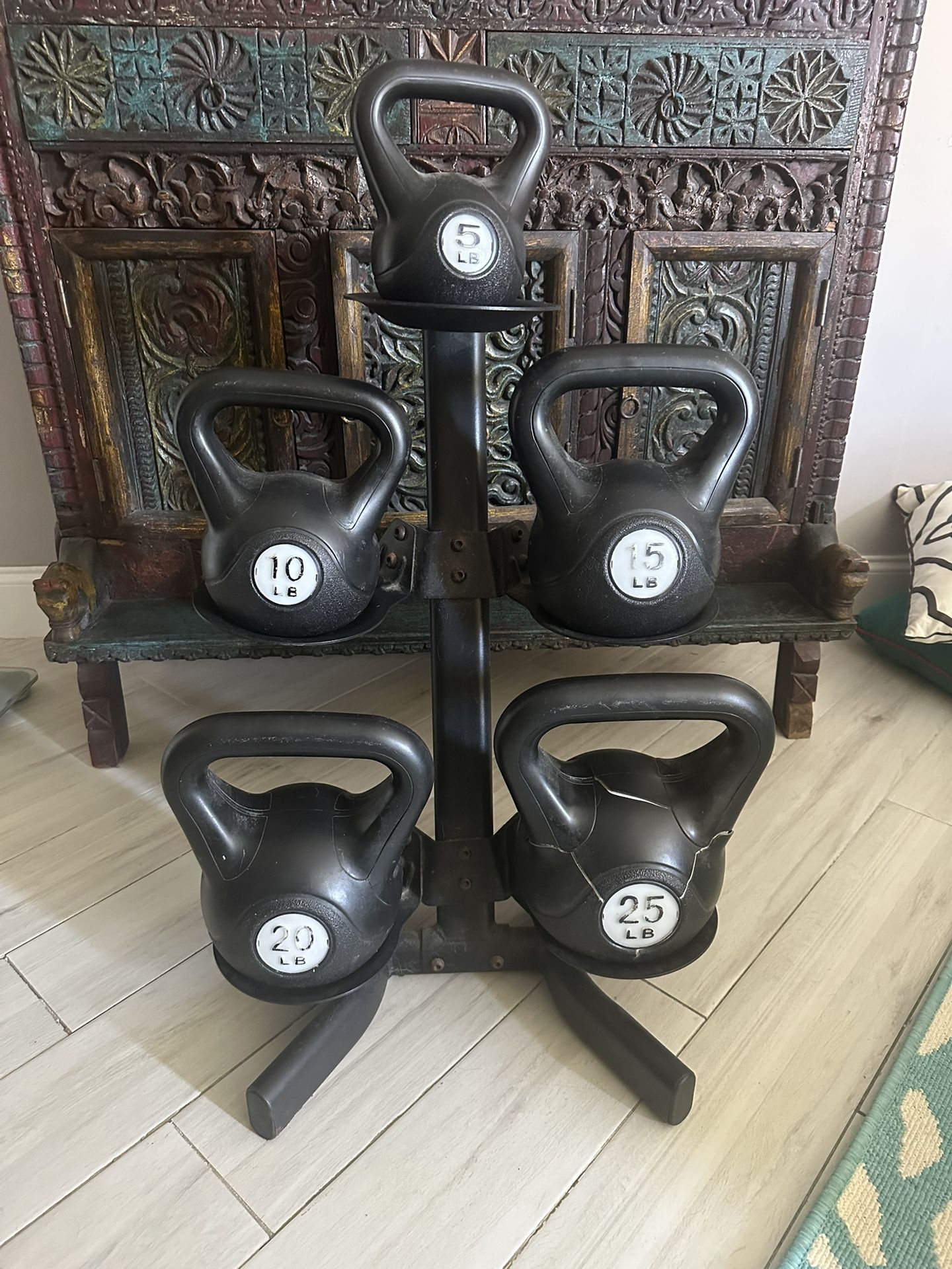 Used Kettlebell Set with Storage Rack – 5-piece (5, 10, 15, 20, 25 lb) – 💪!