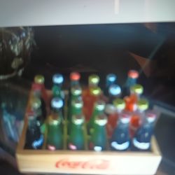 Large Set In The Crate Of Miniature Different Kind Of Cold Bottle Soda Bottles All Glass With Liquid In Them Never Been Opened Perfect $100