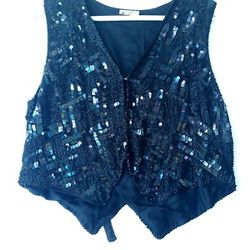 Womens Medium Silk Beaded Sequin Black Vest