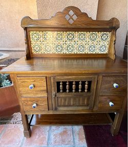 Vintage Spanish Tile Oak Server Cabinet / Entry Table – Solid Wood