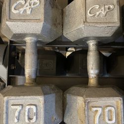 PAIR  OF  70  LB.  STEEL  CAP  HEX  DUMBBELLS   •  50s Thru 110s. Also Available 