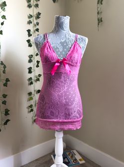 Y2K VINTAGE HIT PINK BABYDOLL RIBBON SATIN BOW LACE HALTER DRESS TOP