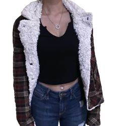 flannel fleece lined button up jacket size small 