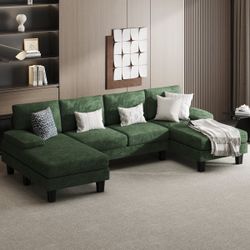 New Modern U-Shape Sectional Sofa, Chenille Fabric Modular Couch, 4 Seat Oversized Sofa with Chaise for Living Room, Green  New in box SF22-0051-9 4-S
