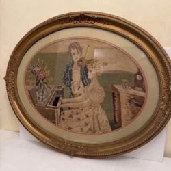 Large Needlework In Ornate Frame 