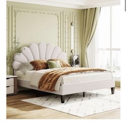 Queen Size Upholstered Platform Bed Wooden Frame with Flower Pattern Velvet Headboard
