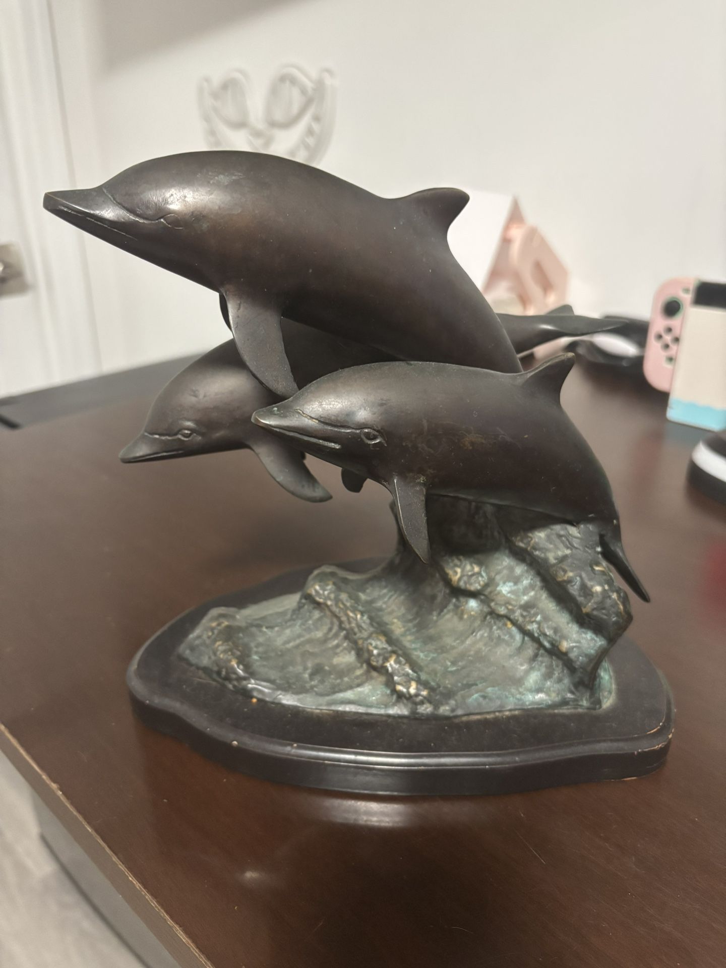 SPI Three Dolphins On Wave Brass Statue