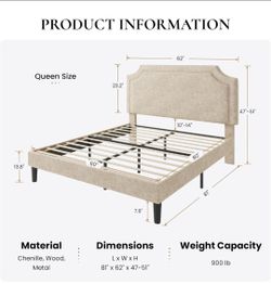 Queen Bed Frame Chenille Upholstered Platform Bed with Notched Adjustable Headboard