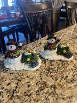 2 Hand-painted Decorative Collectible Ceramic Snowman Candle Holders