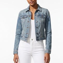 TALULA Aritzia Y2K Shrunken Cropped Denim Trucker Jacket Light Wash XS 