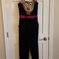 Women's Medium Christmas Rudolph Reindeer Black Velvet Overalls Ugly Sweater Party Dress Clothes