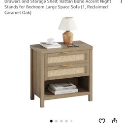 Rattan Nightstands, Farmhouse Bedside Table with 2 Drawers and Storage Shelf, Rattan Boho Accent Night Stands for Bedroom Large Space Sofa (1, Reclaim