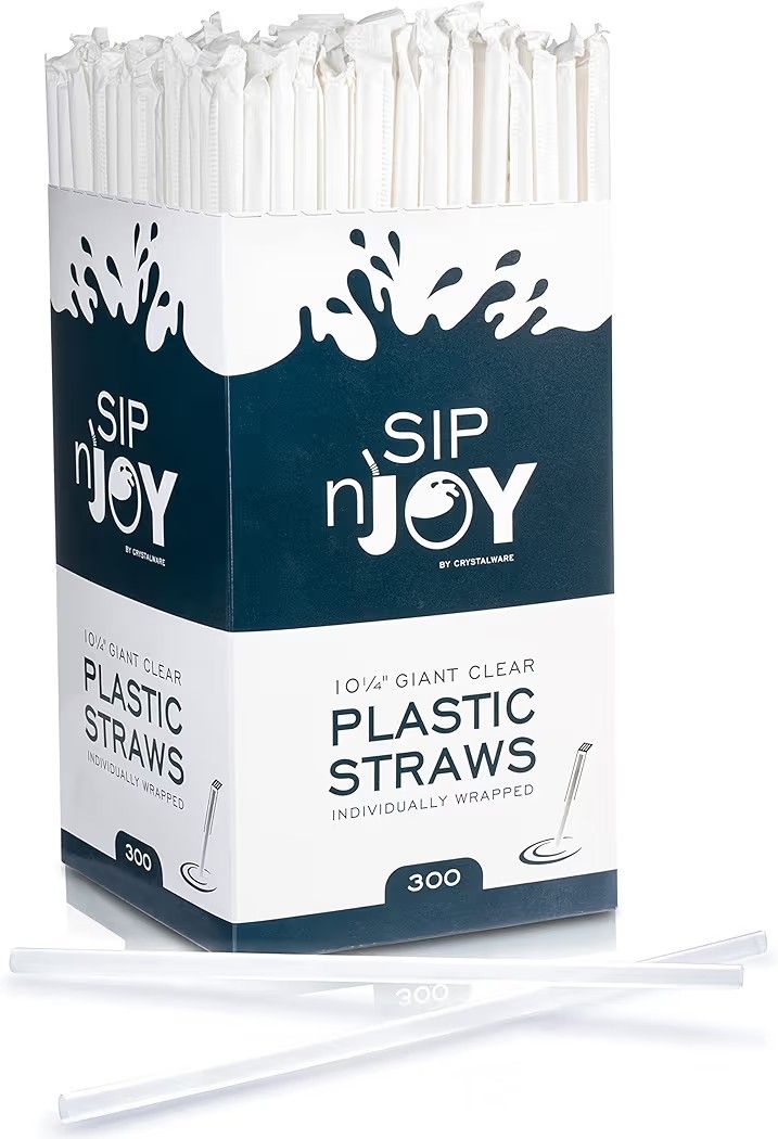 Crystalware Plastic Giant (Jumbo) Straws Clear, Individually Wrapped 10-1/4", 4 Boxes of 300 per Box (1200 Case)