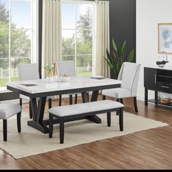 VANCE FAUX MARBLE DINING TABLE WITH CHAIRS AND BENCH