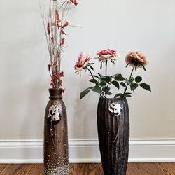 Rustic Bronze Textured Vase Duo w/ Faux Florals
