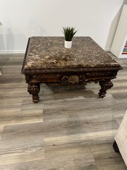 Marble Top Coffee Table with Carved Wood Base