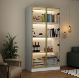 White glass door display cabinet with LED lights