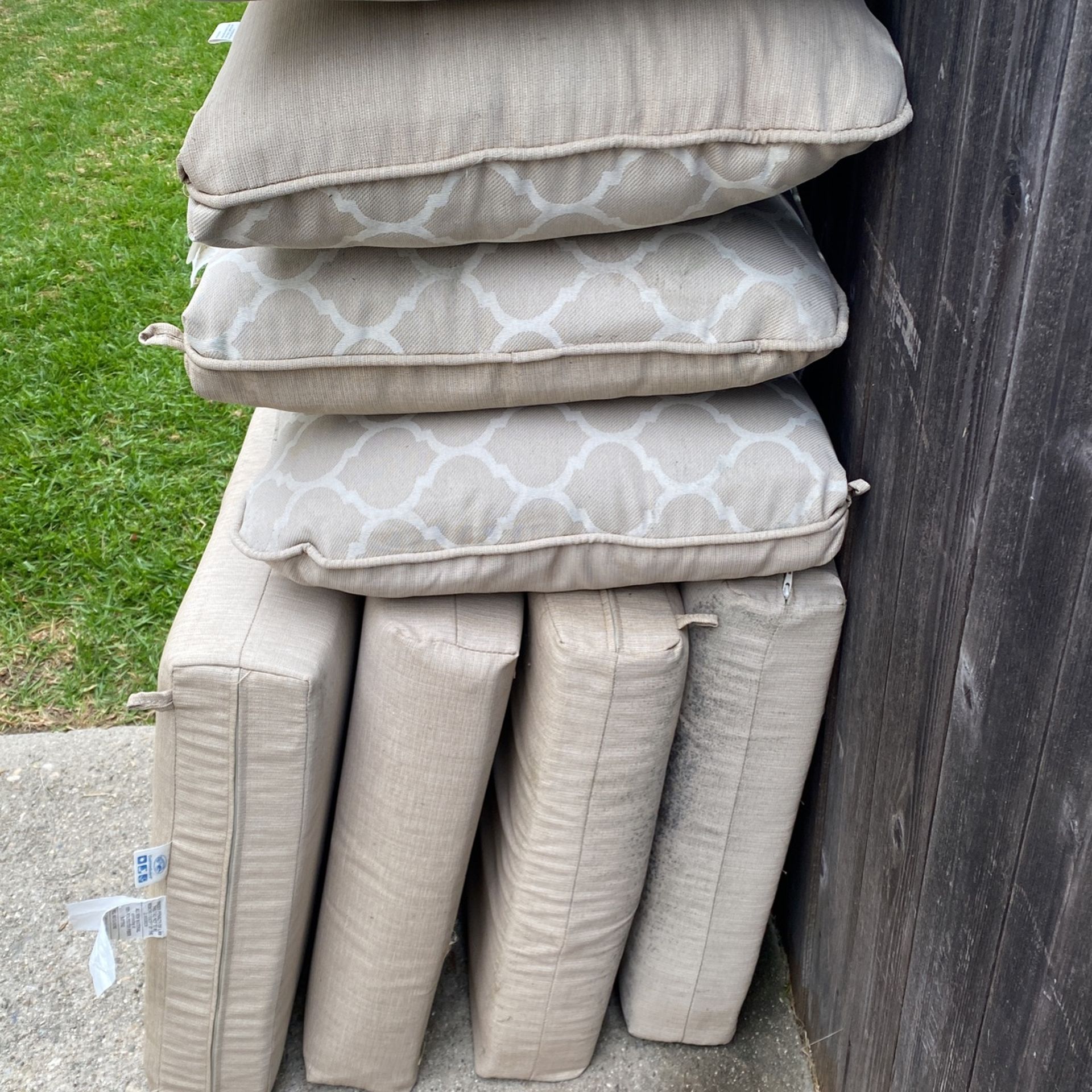 Patio Chair Cushions. 24”x24” No Rips. They Need Cleaning. Home Depot