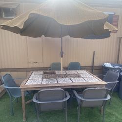 Complete patio set with umbrella, table, and six aluminium chairs. The table is also made of very sturdy thick aluminium. I am asking for 80 for the