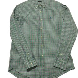 Ralph Lauren Polo Shirt Mens Large Green Plaid Button Up Cotton Knit Preppy Pony
