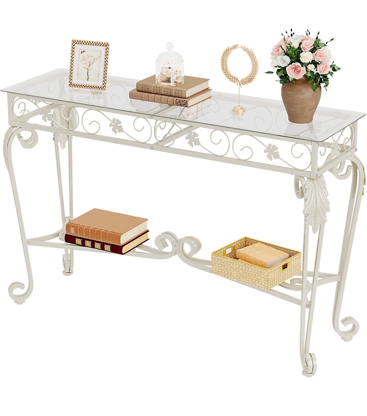 Console Table 47.2", Tempered Glass Sofa Table with Metal Frame,Entrance Table for Living Room,Entryway,Hallway,Foyer,Adjustable Feet (White)