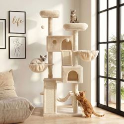 Large 65.7" Cat Tower Condominium Cat House with 2 Scratching Ramps, Hammock and Scratching Posts, Beige