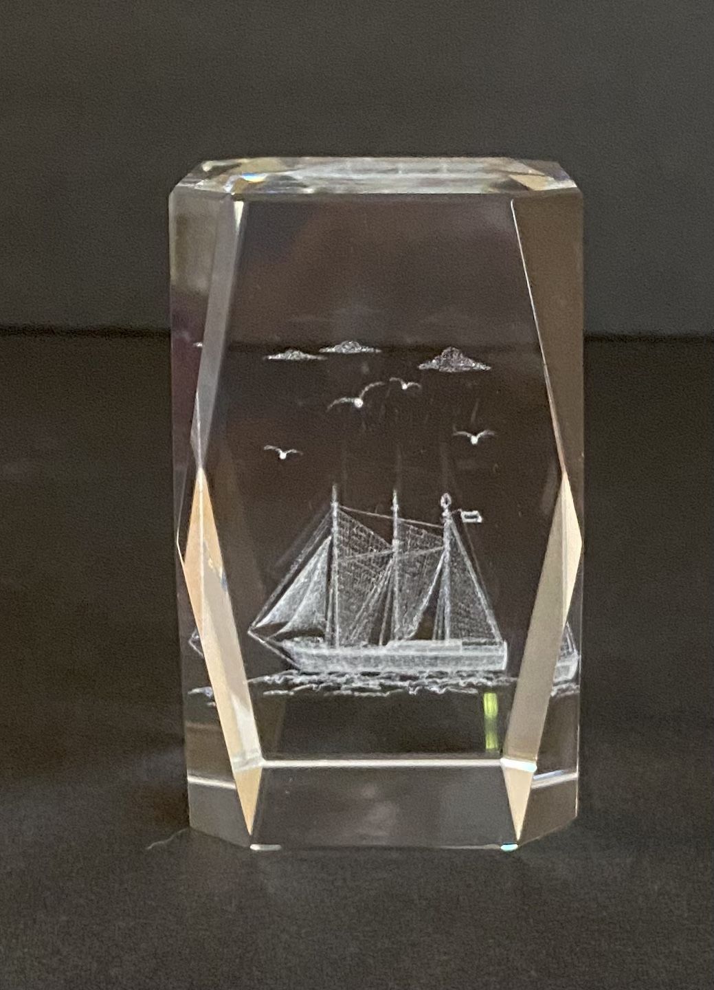 3D Hologram Laser Etched Crystal Glass Cube Paperweight Sailboat 3” X 1 7/8”