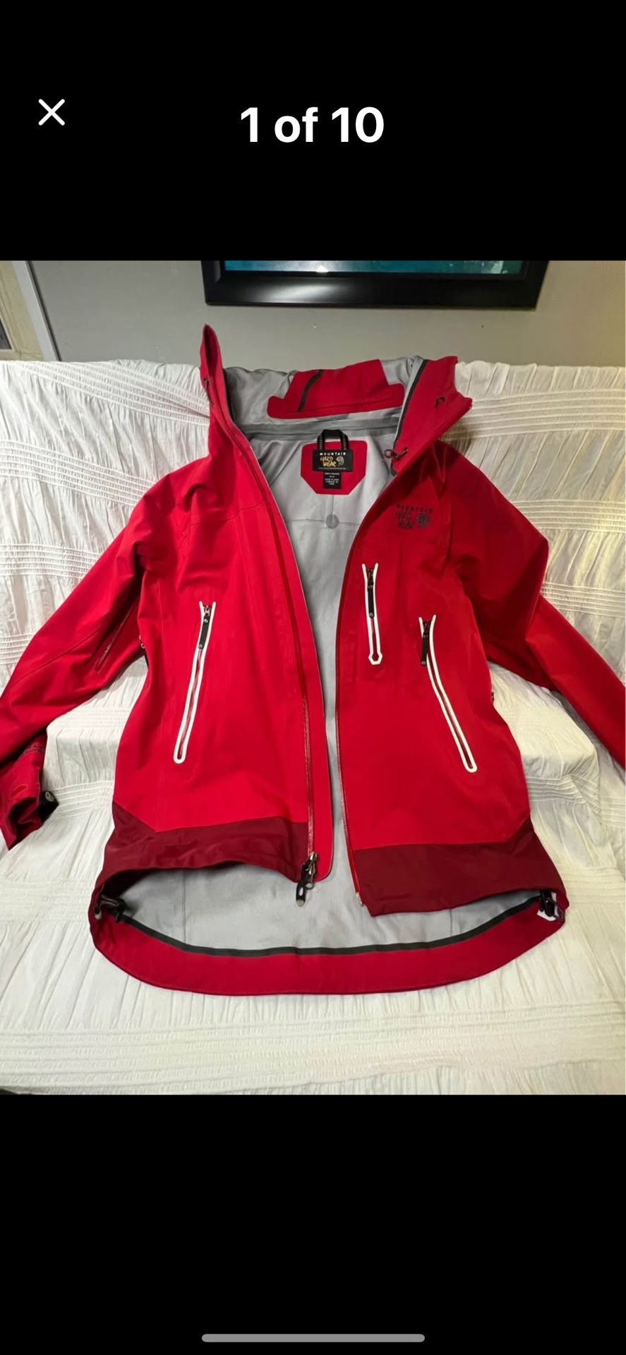 Mountain Hardwear Mens Multi sport Parka/ Rain Jacket Red size Medium. Missing eyelet left side hood