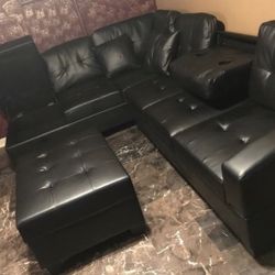 Black Leather Sectional Sofa With Storage Ottoman 